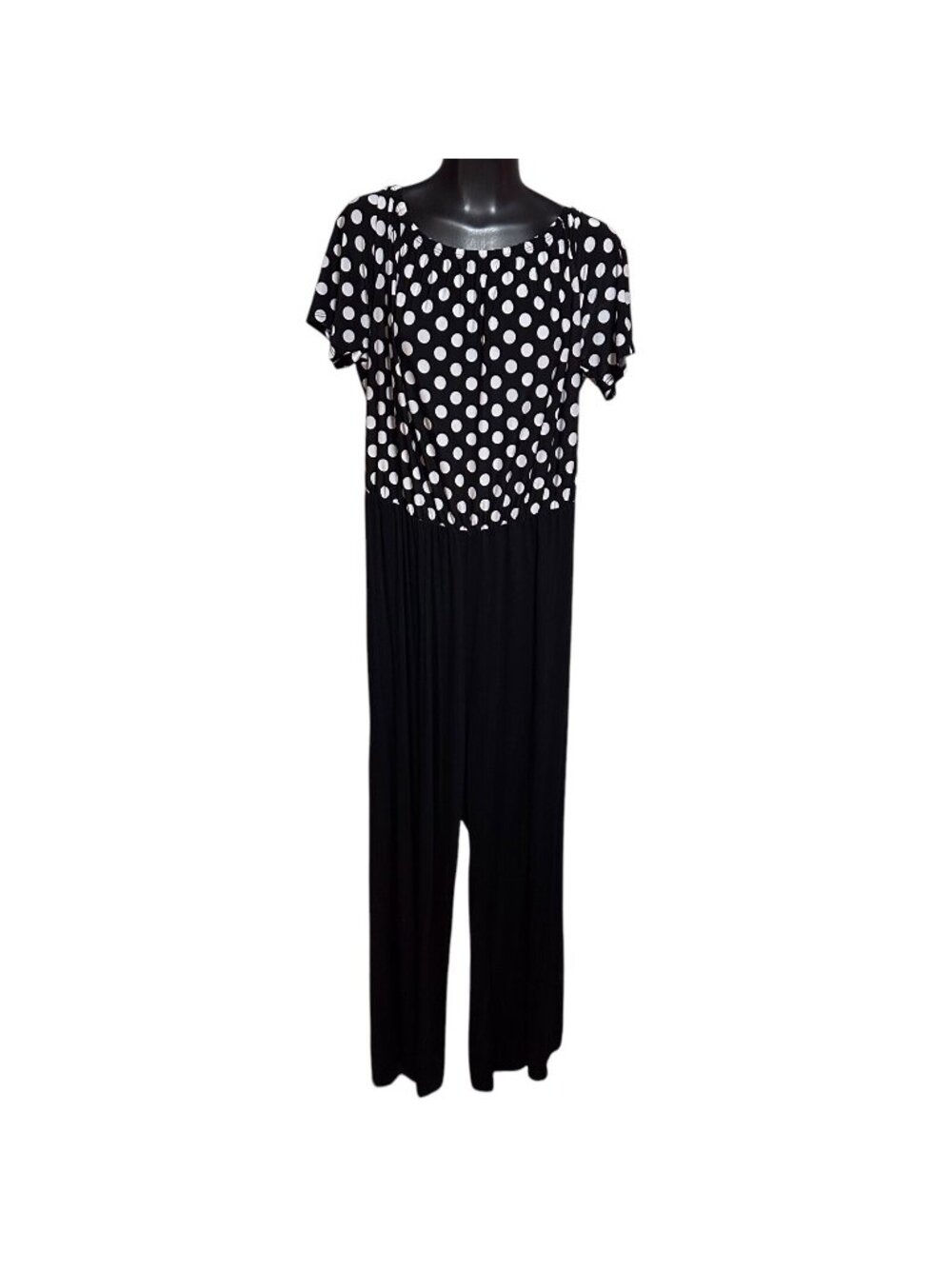 Perfectly Priscilla Womens 1X Polka Dot Jumpsuit Black White Stretch